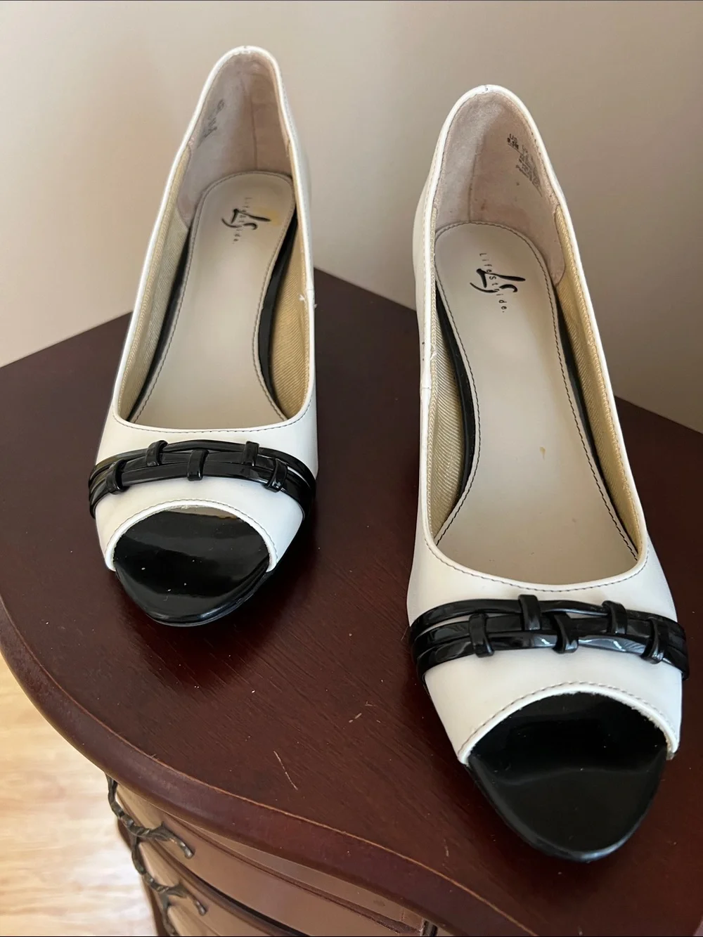 Life Stride White and Black Peep-Toe Heels with Strap Detail - 9.5